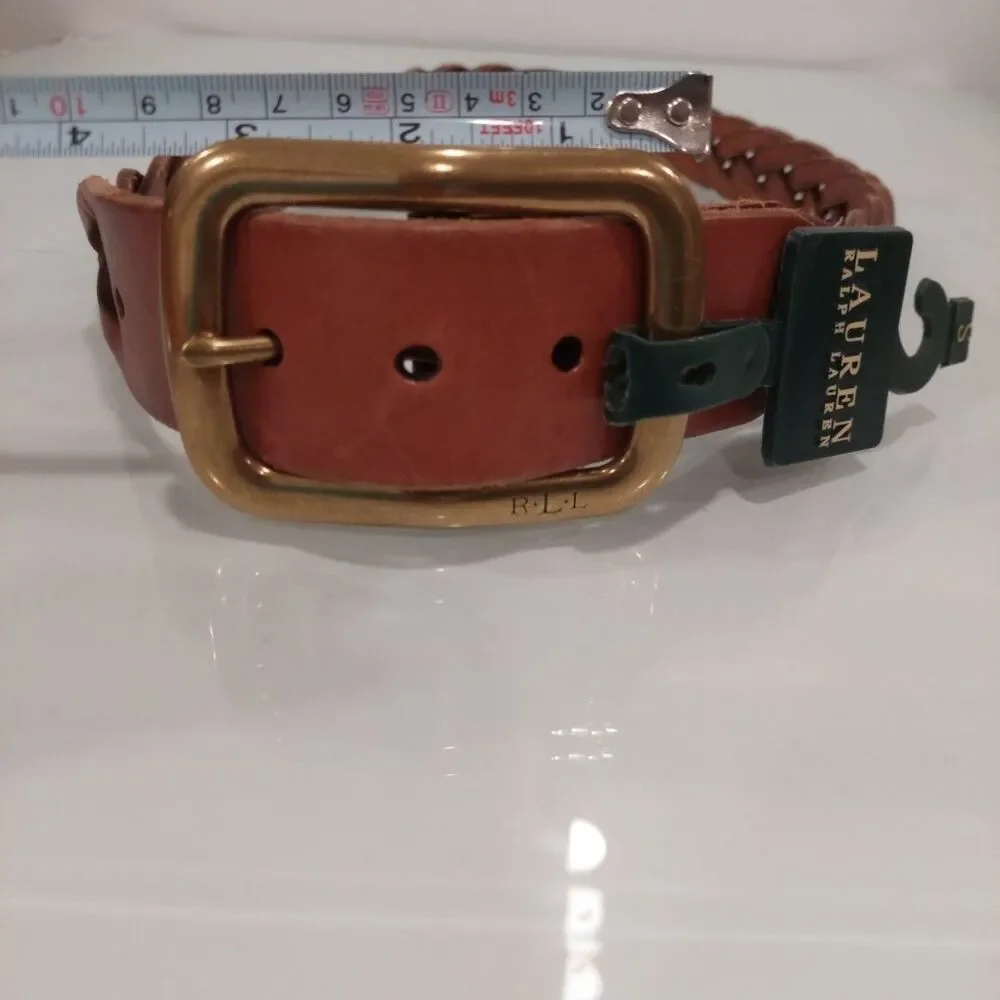 New RLL Ralph Lauren Tan Split Leather Braided Belt Massive Buckle Sz Smal
